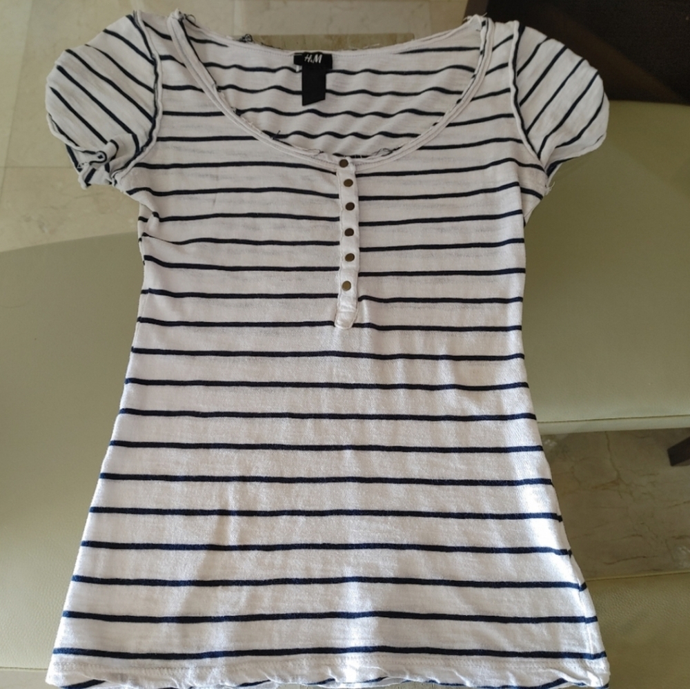 H&M Nautical-Inspired Short-Sleeved Striped T-Shirt - White and Navy - Small